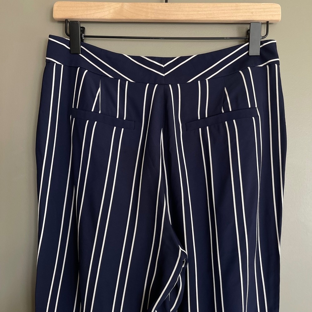 La Ligne Hardy Striped Crepe Flared Pants Navy Blue White High Waist Sz 2 Flowy - Picture 11 of 16